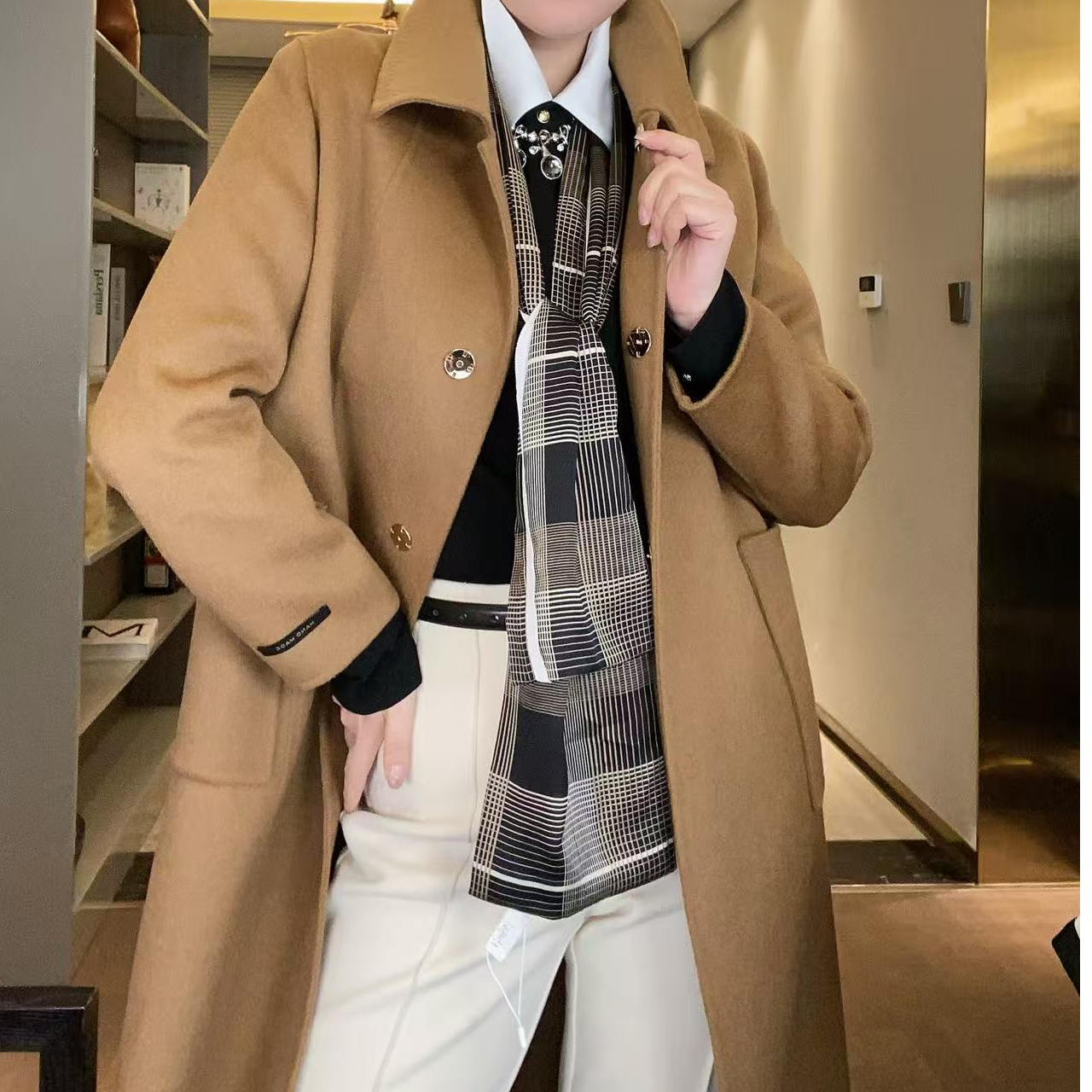 纤屹2025秋冬通勤百搭长大衣中长款流光色系宽松显瘦毛呢外套女D