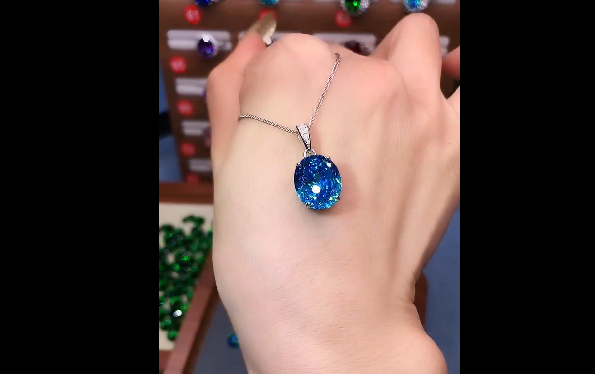 坠链均925银 925银大克拉 精致豪华镶嵌海蓝色吊坠06120