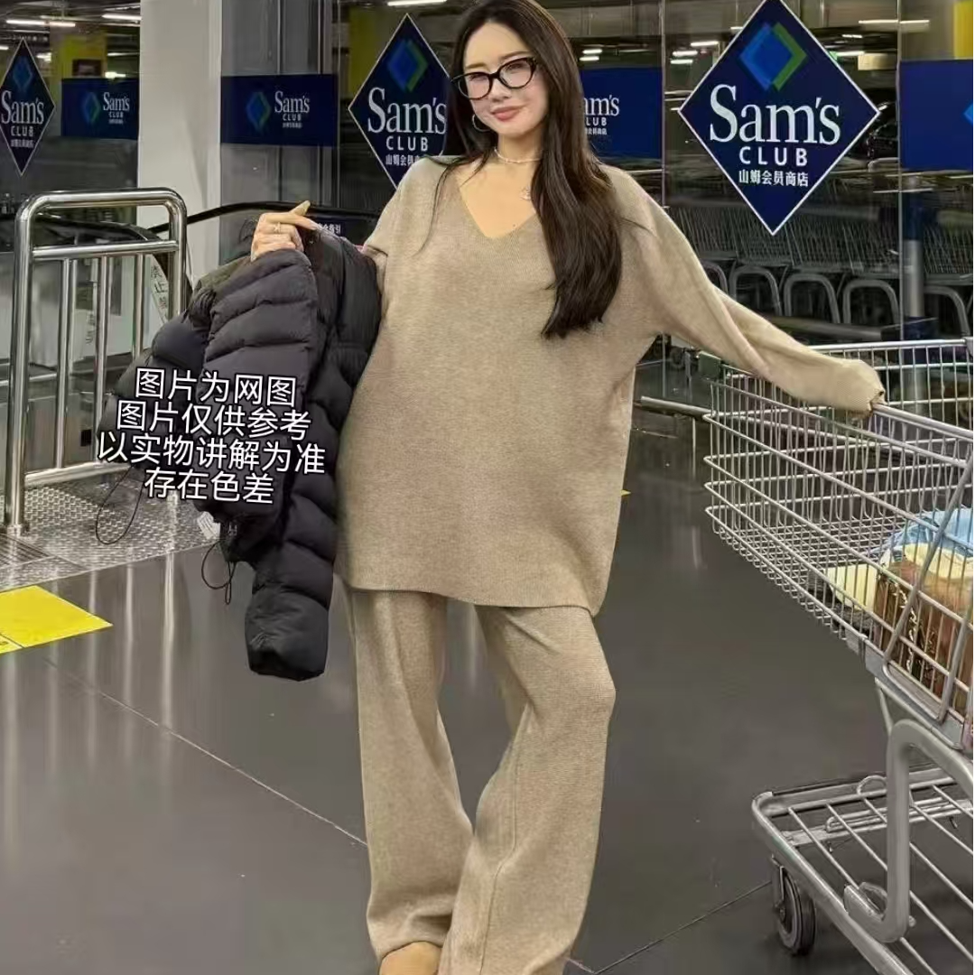 2025冬季新款大码女装韩系慵懒松弛感V领加绒上衣＋阔腿裤