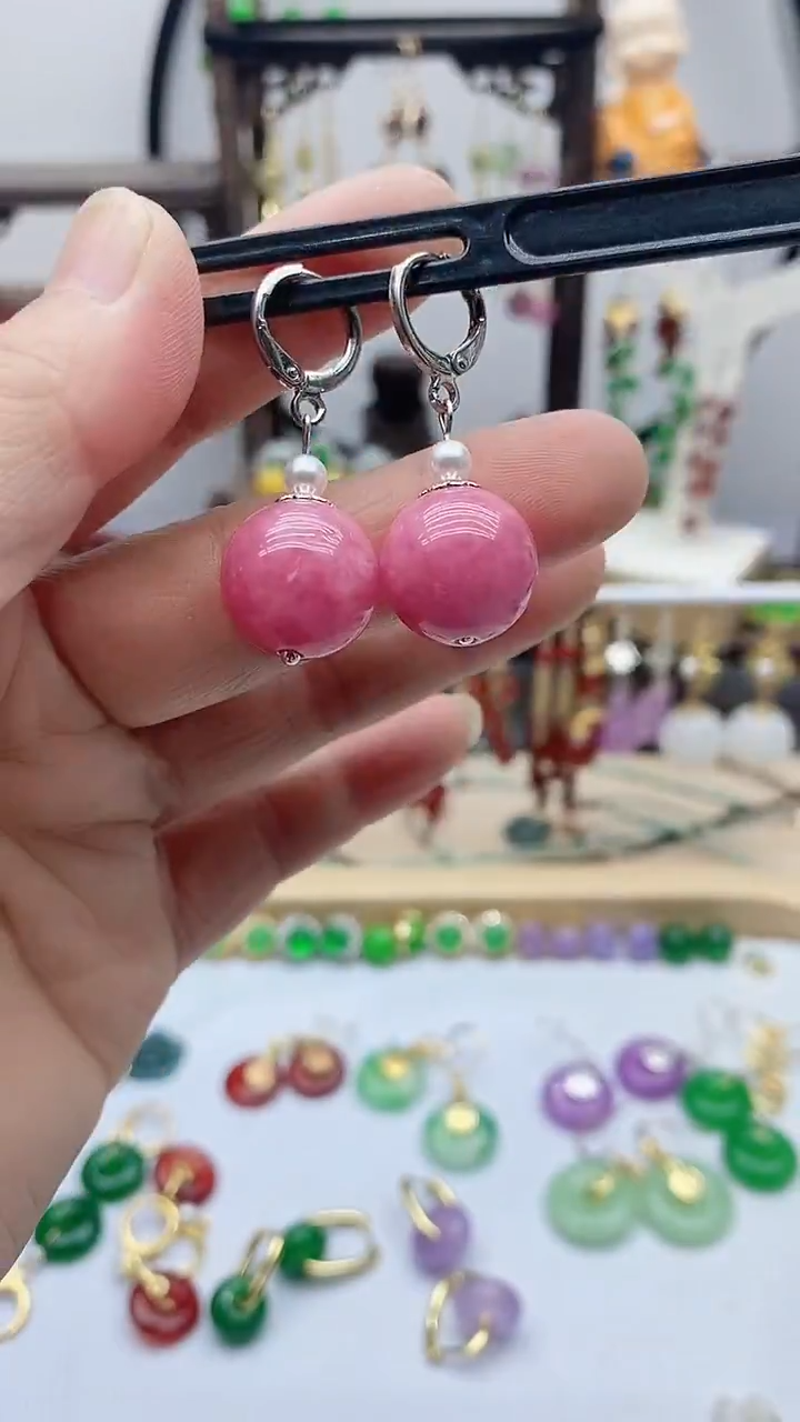 银S925镶嵌菱锰矿（红纹石）耳饰175