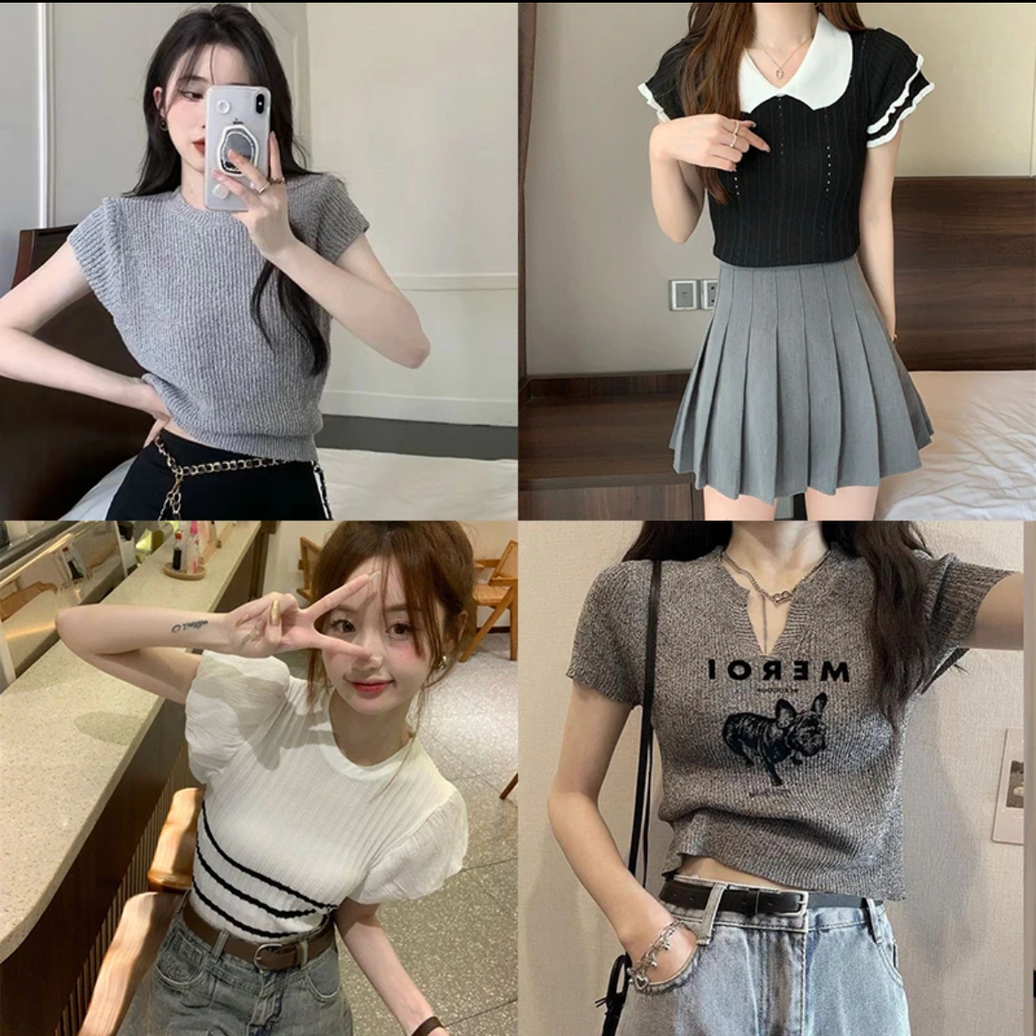 婷·合集高腰修身露脐辣妹短款小个子短袖针织上衣