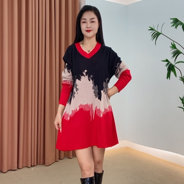 429时尚网红百搭显瘦秋冬针织连衣裙提花不褪色高弹力新中式