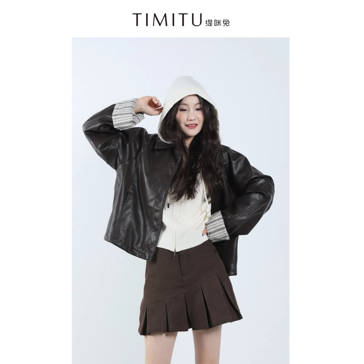 TIMITU缇咪兔秋季复古巴恩风翻领休闲设计感皮衣长袖外套34324004