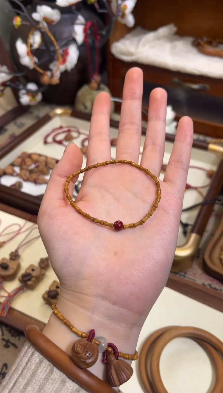 手串桃核【桃缘行】竹节「红色莎莎」桃木桃核辟、挡、驱、护 备注手围