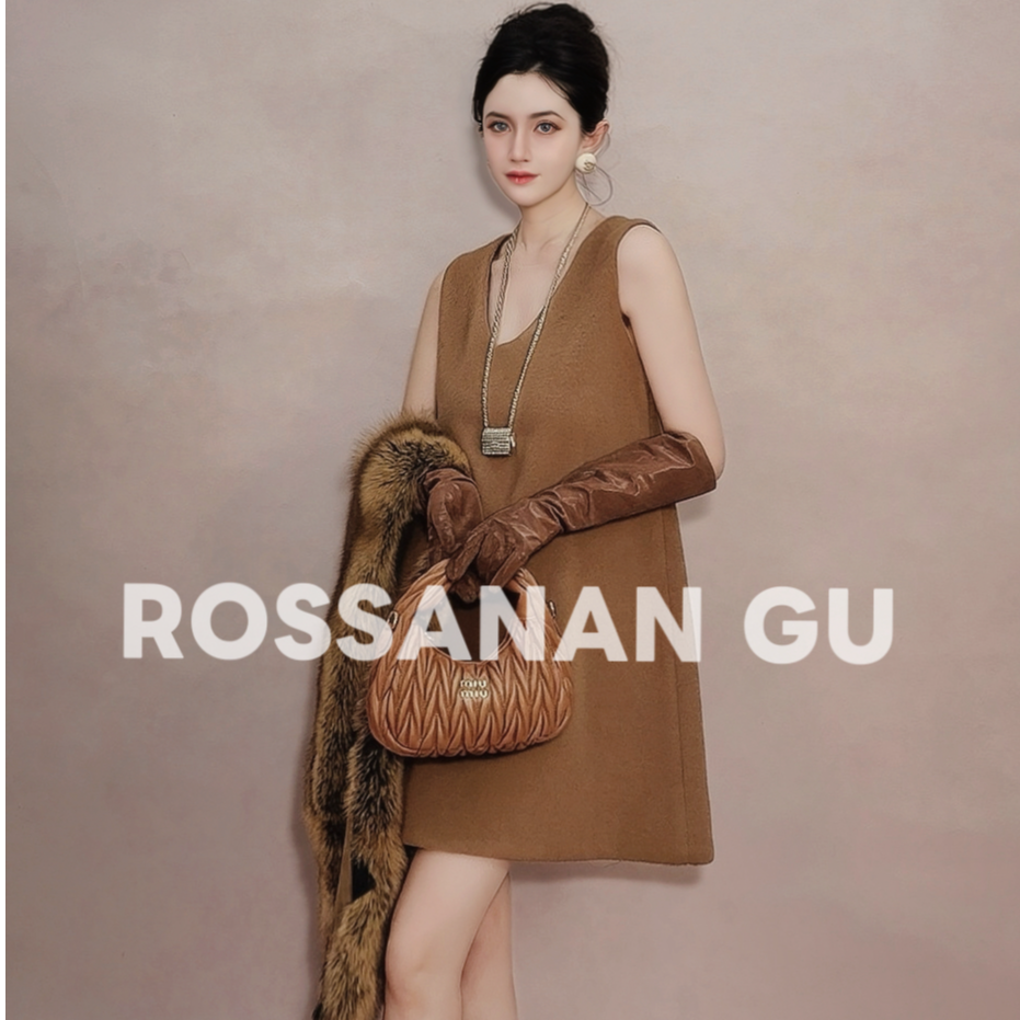 ROSAN【焦糖玛奇朵】顶奢安第斯苏力简约秀场老钱矜奢V领设计连衣裙