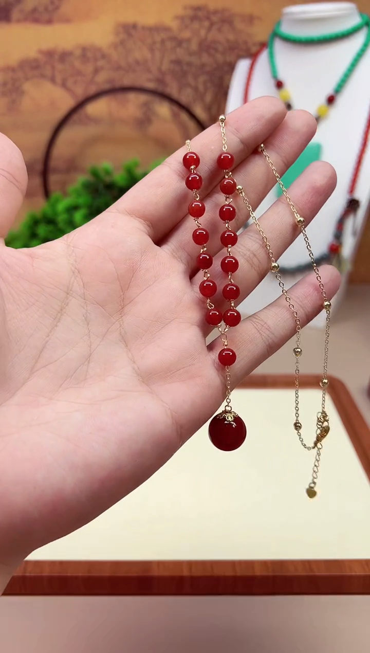 南红玛瑙14K金镶嵌颈饰X479