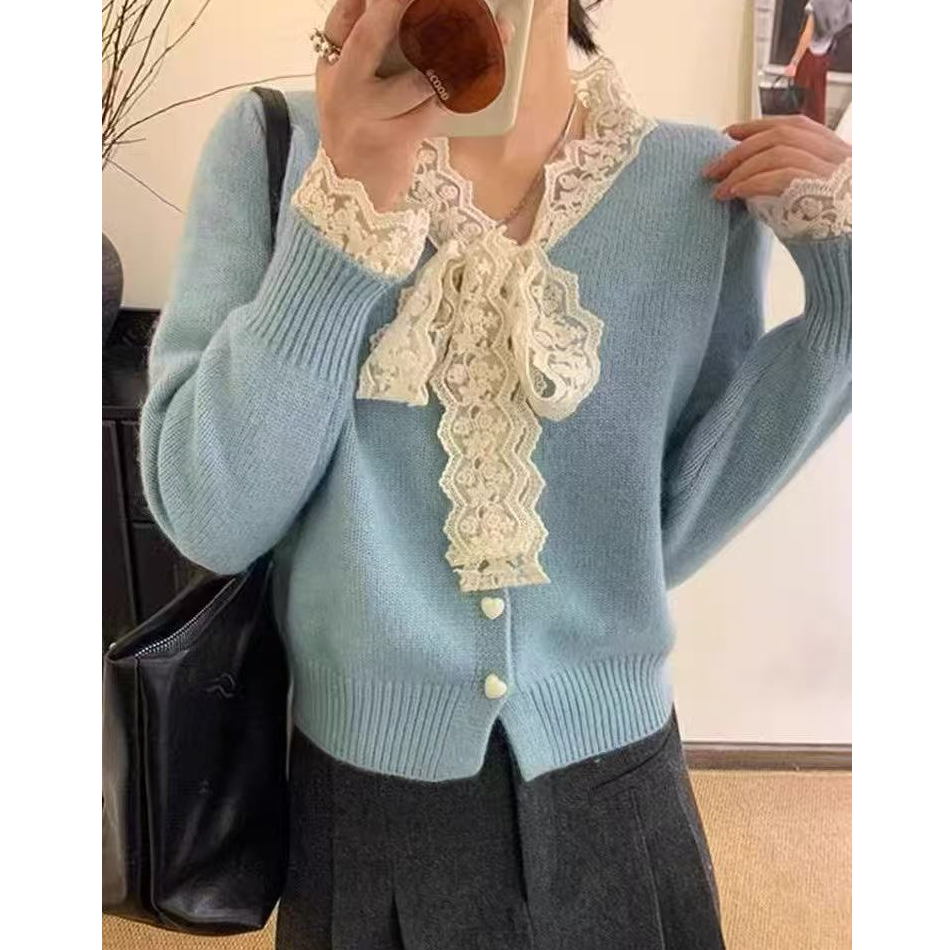 大码针织毛衣甜美风百搭春季韩版减龄上衣拼接蕾丝4112