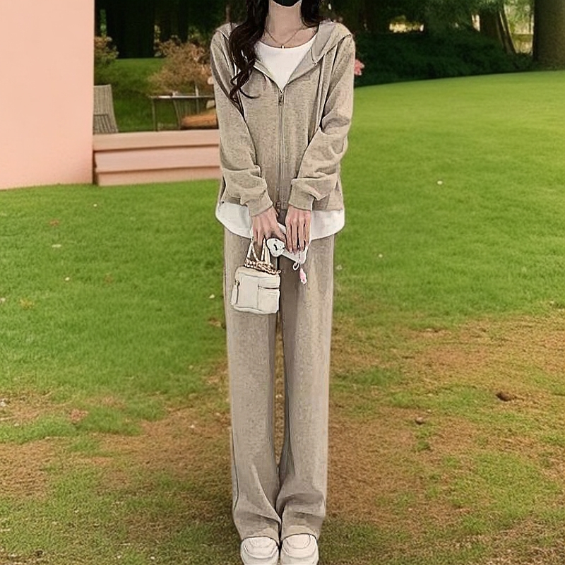 3显瘦连帽时尚套装宽松时尚套装减龄上衣针织韩版休闲开衫百搭