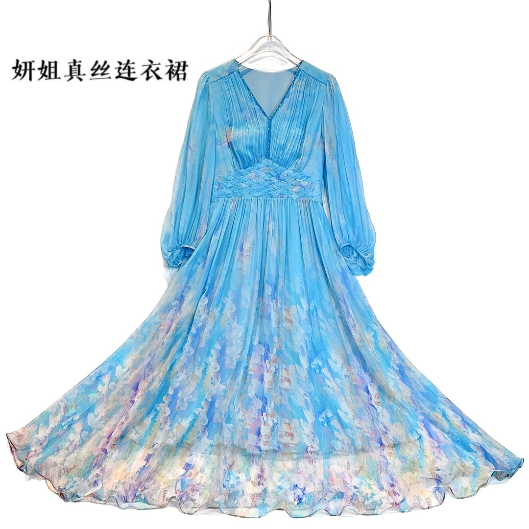 【海的女儿】2025设计师走秀气质轻奢夏季印花女装蕾丝连衣裙23128