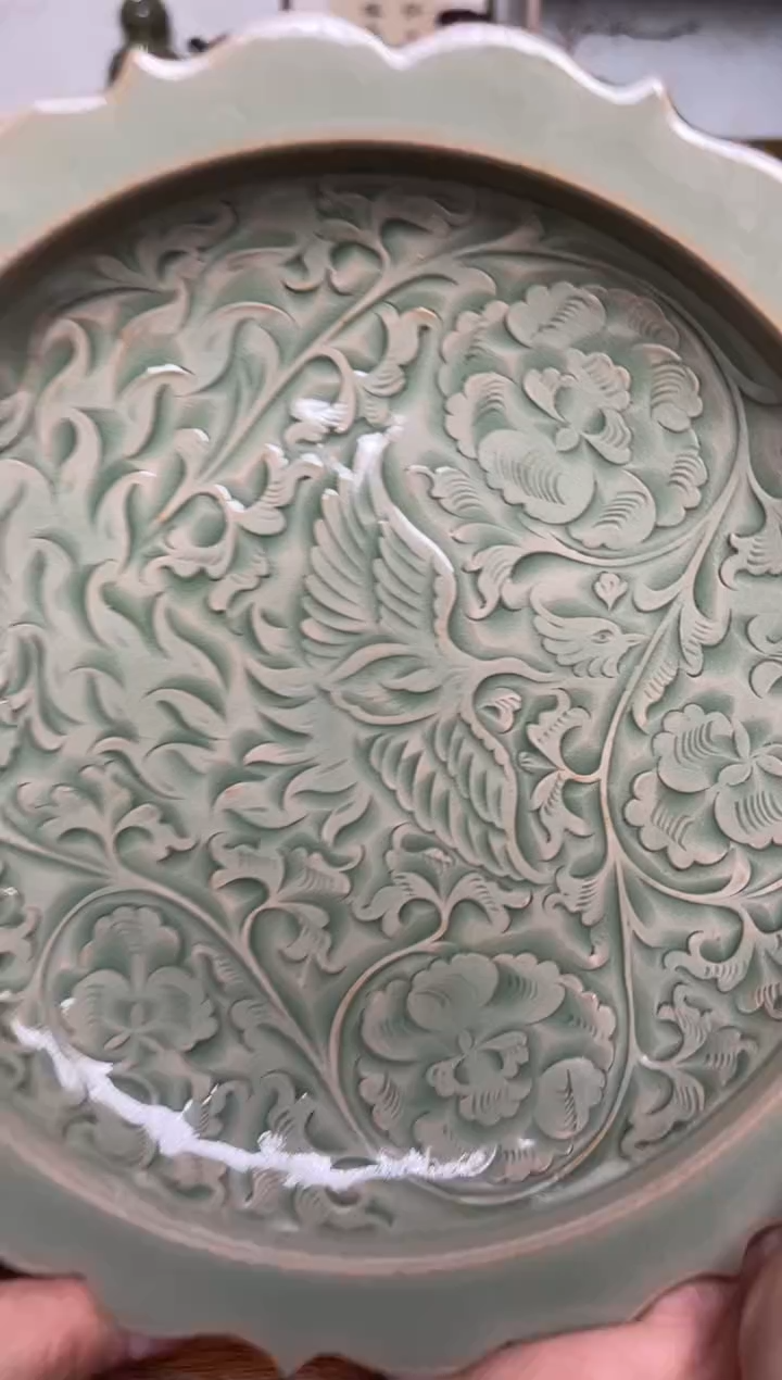 【闪购商品】其他王晓娜 纯手工秘色凤穿牡丹花口壶承