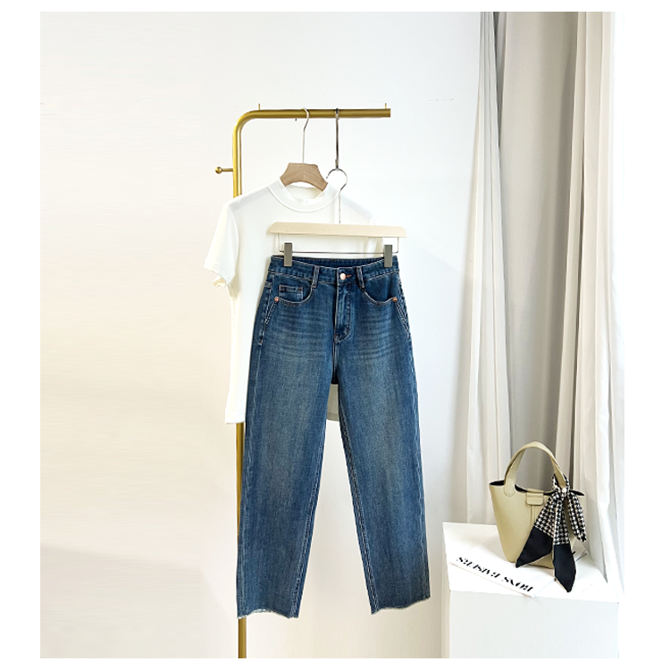 <小竹子>秋季高档牛仔裤女小直筒弹力显瘦九分裤流苏边复古百搭弹