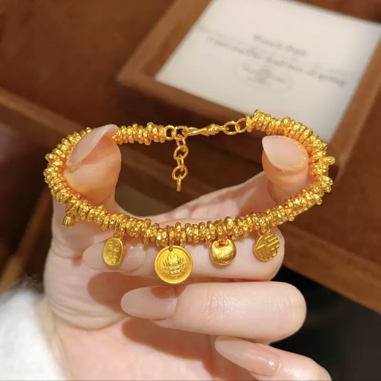 铜合金手链 国潮小胖福黄财神两世环盘缠手链福字金坨坨手串百搭