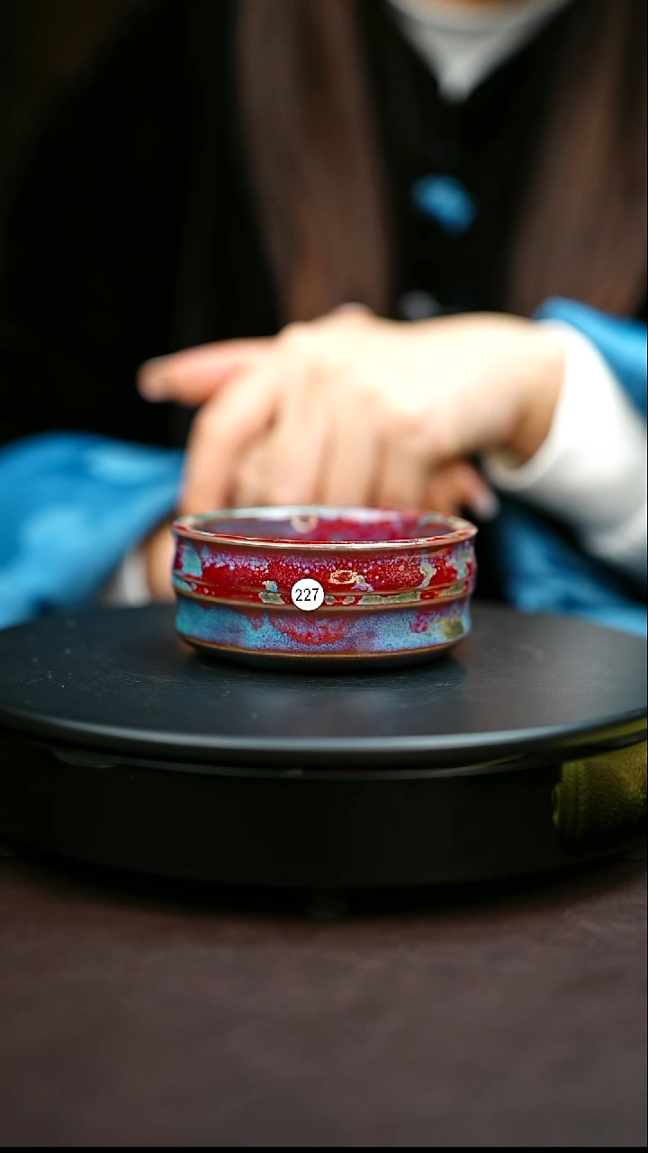 227#原矿钧瓷炉钧釉矮竹节杯