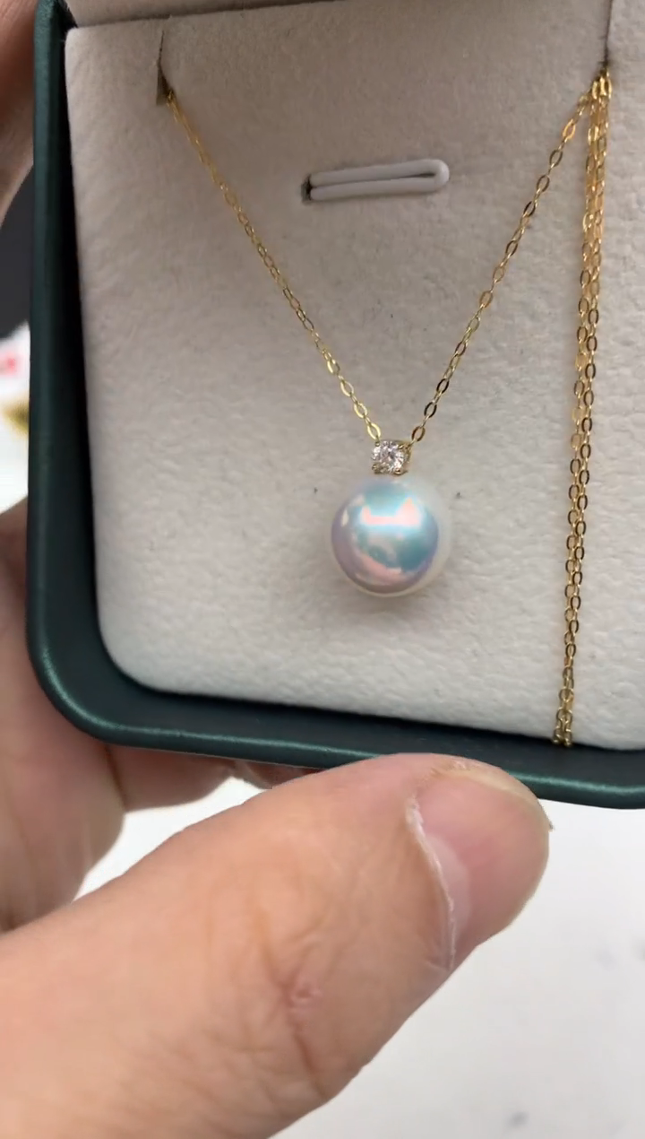 18K金镶嵌ff淡水珍珠白珠吊坠(赠链）11~12mm