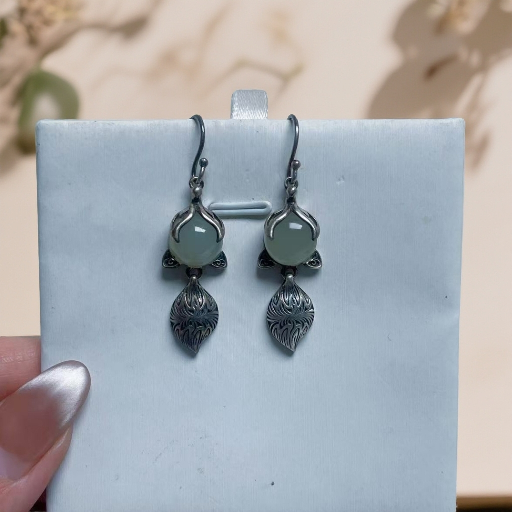 天然和田玉 灵狐耳坠925银镶嵌