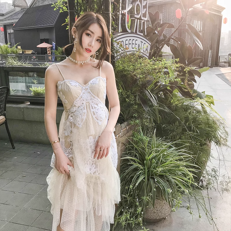 冰冰来了【20172】夏季泰国潮牌名媛风吊带蕾丝连衣裙JJJJ
