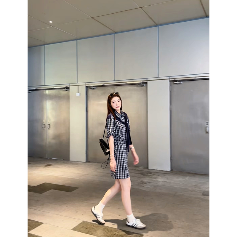 48H【假两件格调】加长格纹POLO领格子设计师款衬衣连衣裙女SU374