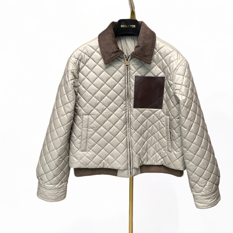 原创设计感拼皮菱格纹灯芯绒翻领棉服短款上衣外套女