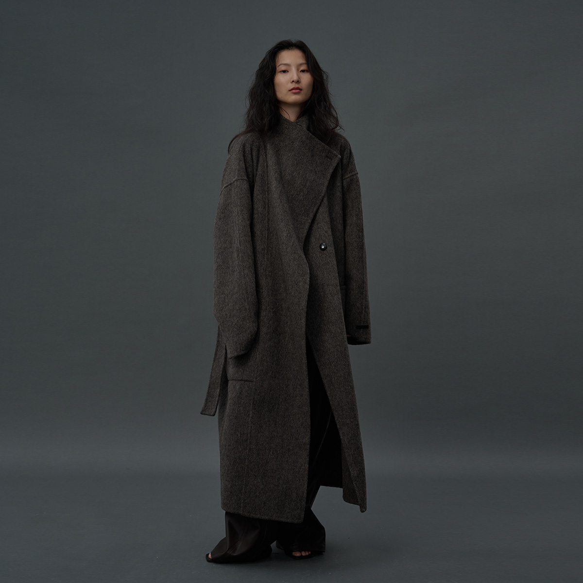 ZUM 不对称设计深灰色骆驼绒双面呢外套羊毛呢子大衣女长款英伦