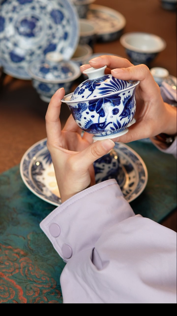 其他陶瓷鱼藻满鳜两才盖碗