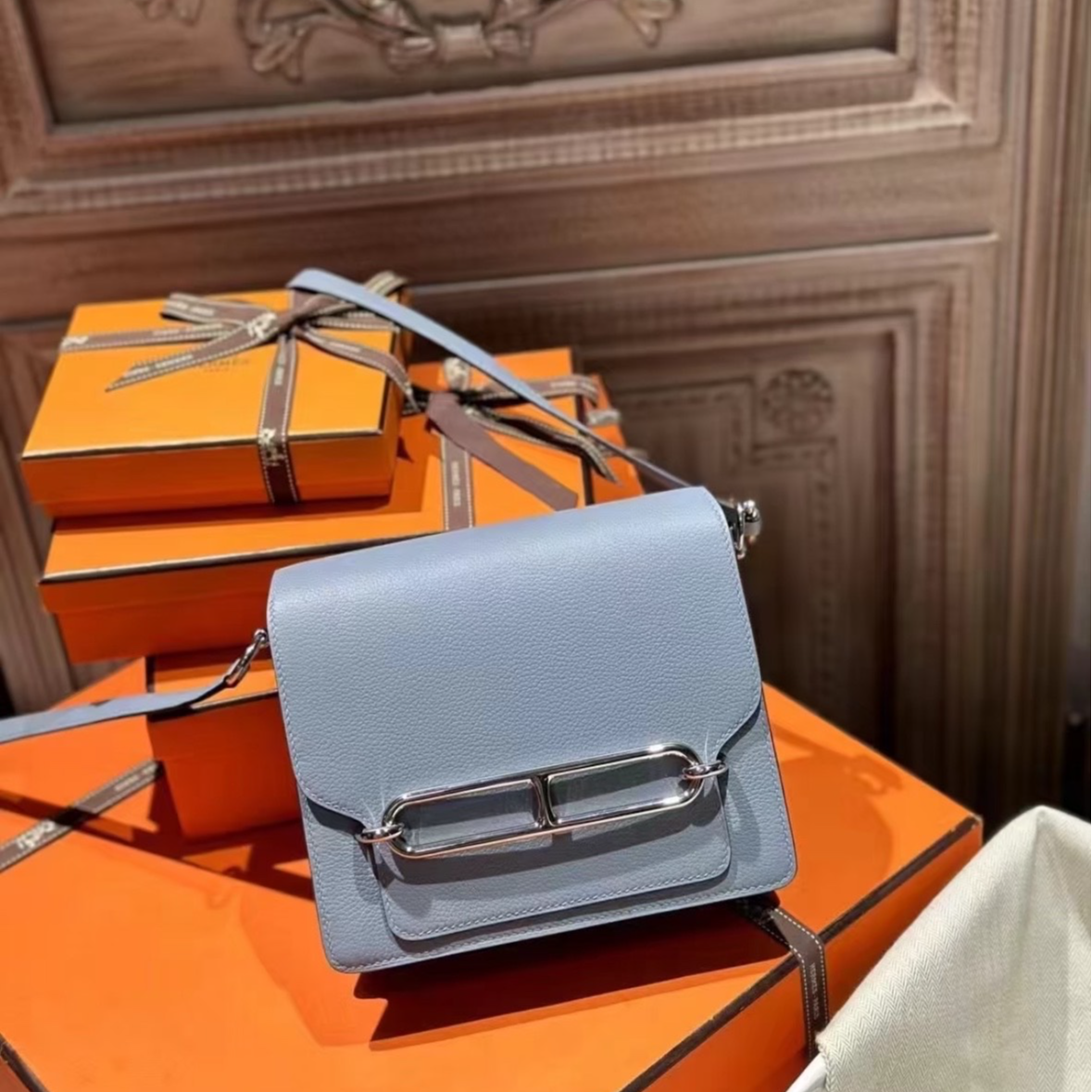 99新 Hermes/爱马仕 大头一口价 猪鼻子 19 亚麻蓝EC皮 U刻银扣包