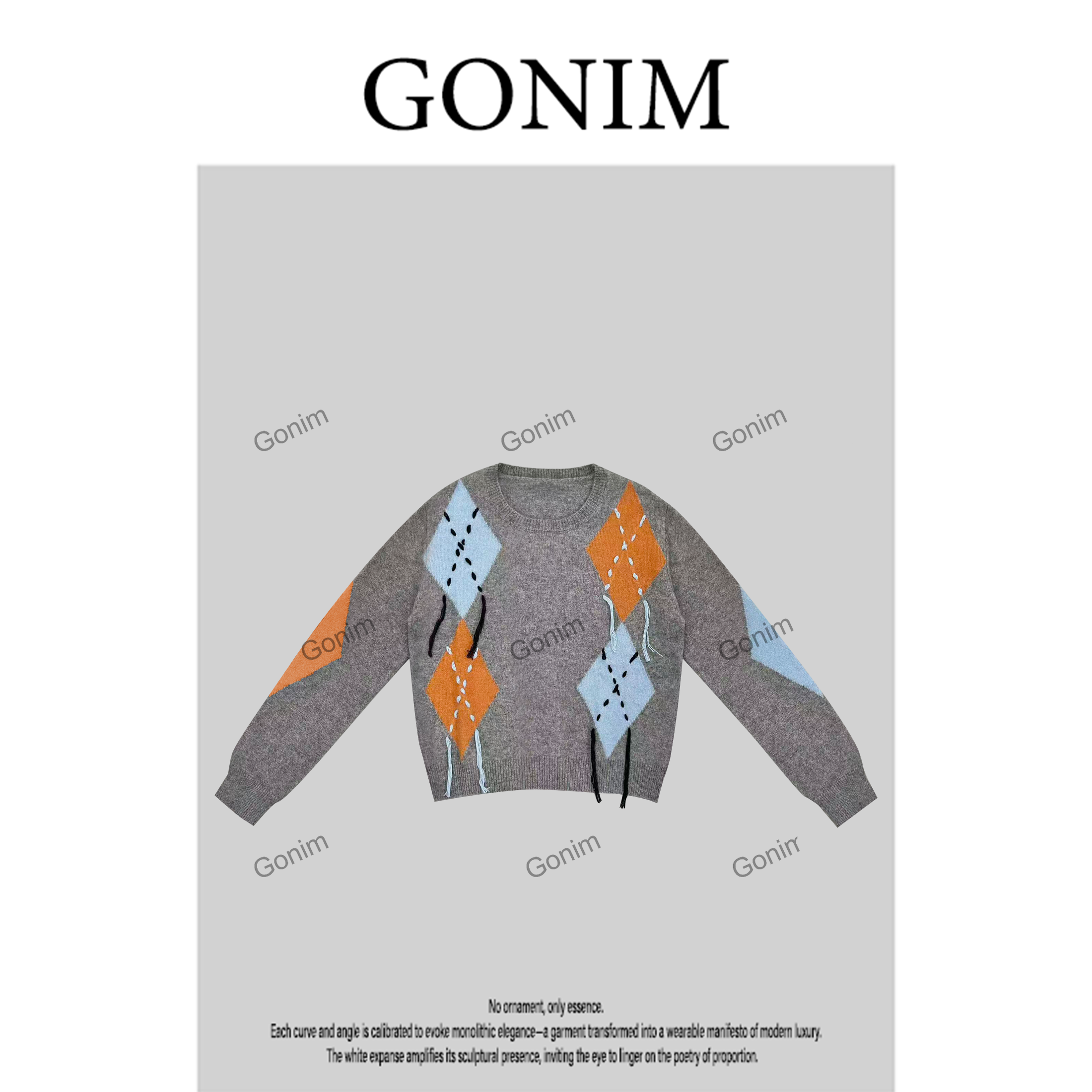 Gonim· ‘’菱格絮章‘’2025早秋针织网红女时尚门襟气质套头上衣女