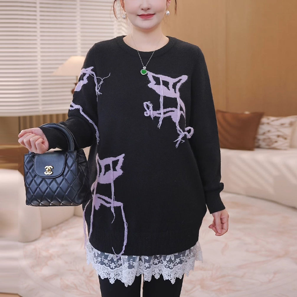 【18支北极绒】MsShe大码女装新冬提花手勾流苏套头毛衣E2510004