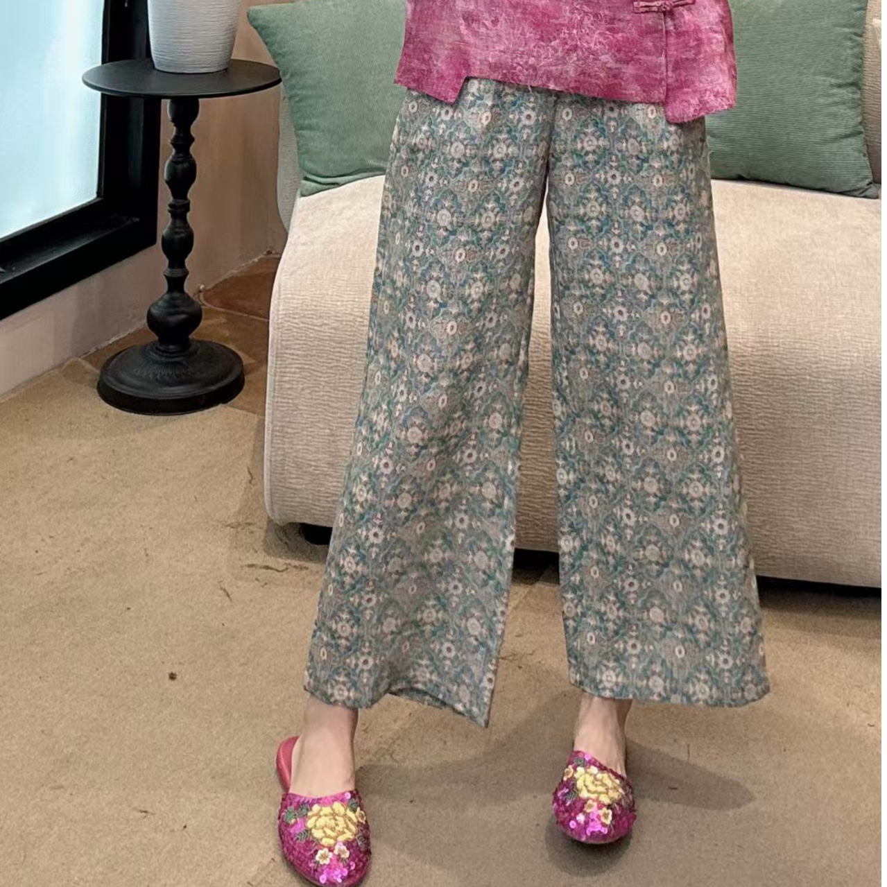 【禾禾家】竹影千格 美丽国风气质百搭醋酸提花女士百搭长裤17902