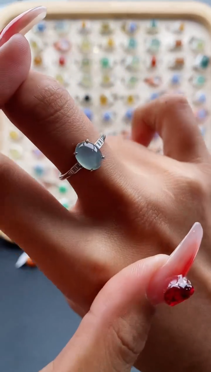 【闪购商品】翡翠戒指银S925镶嵌缅甸天然A货翡翠444 8+1