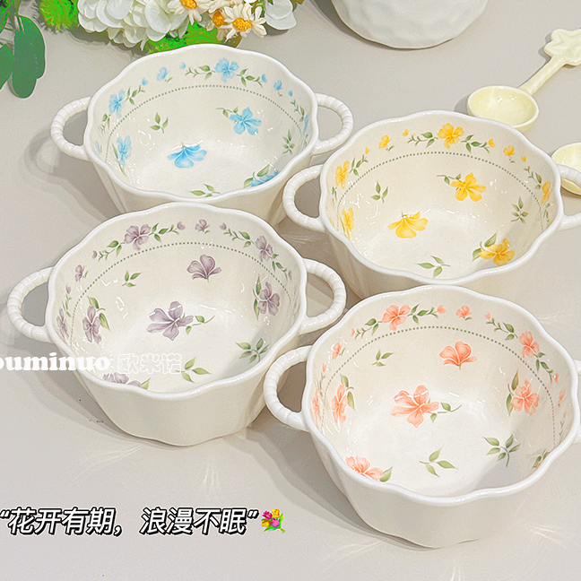 A【莫奈花园】6英寸小南瓜双耳碗+星星勺陶瓷小清新餐具套装