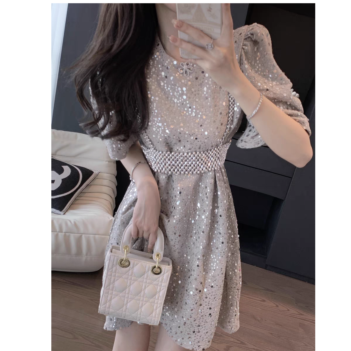 009轻奢名媛/重工烫钻韩系连衣裙气质法式