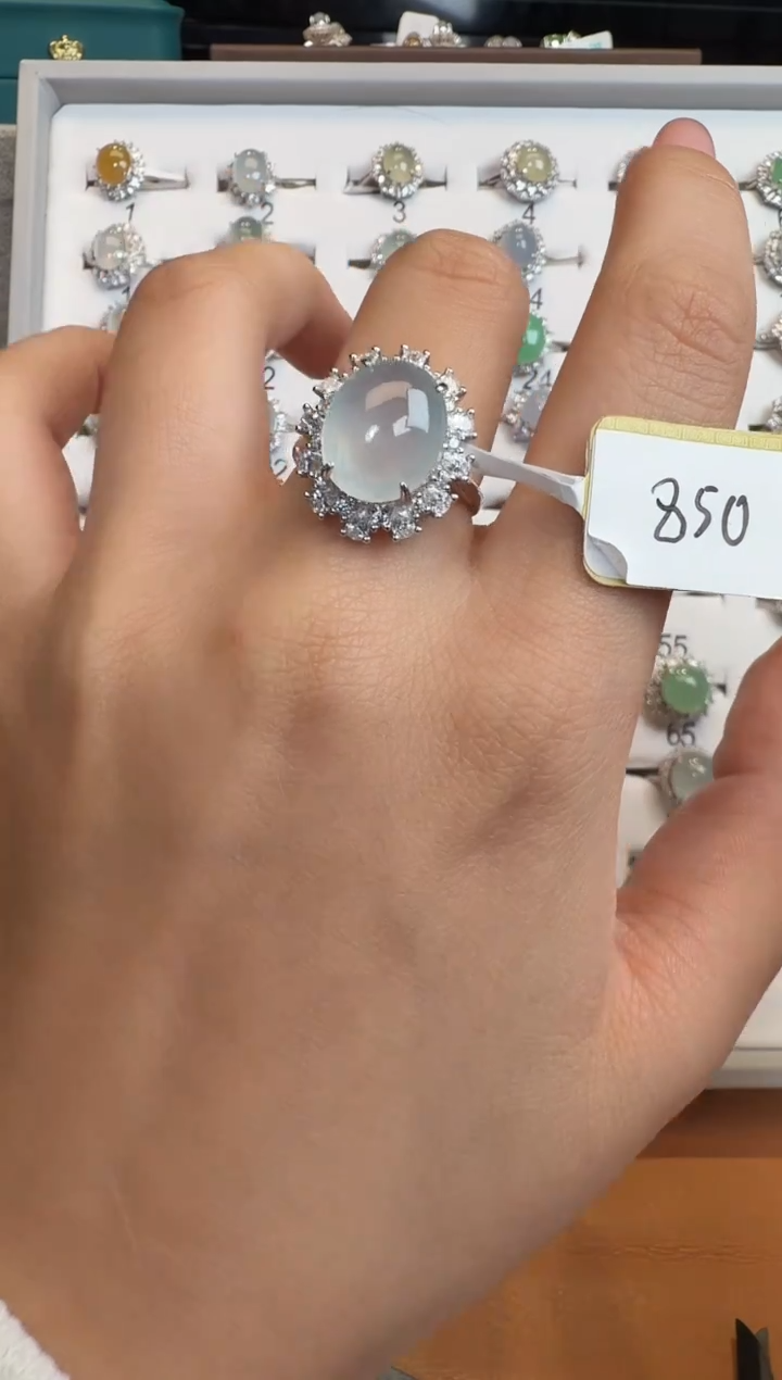 银S925镶嵌戒指翡翠通体925银镶缅甸A货翡翠戒指