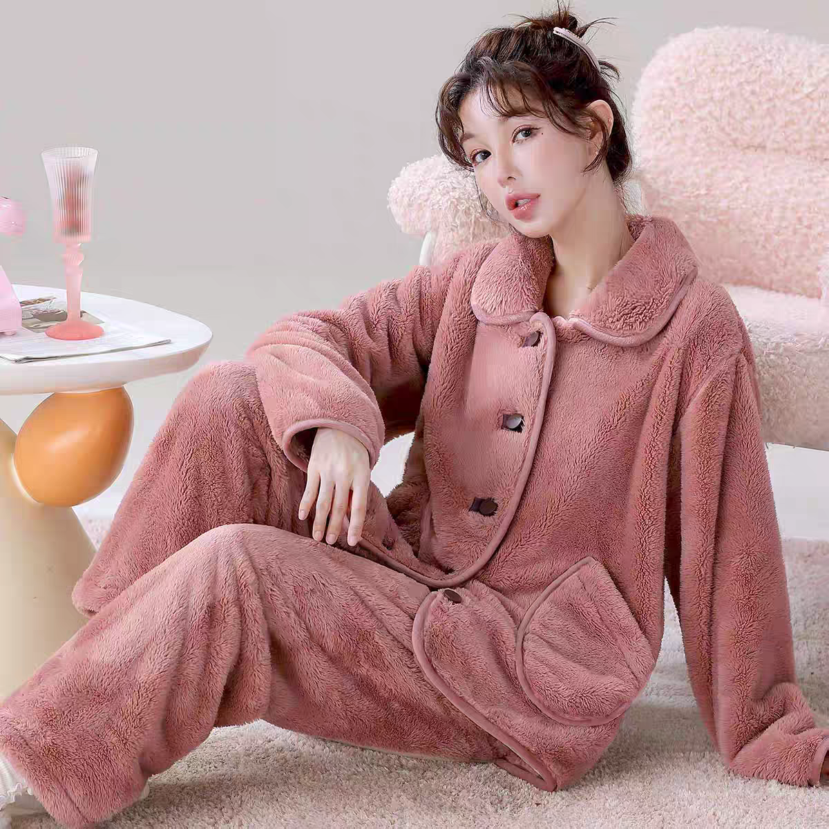 【保暖雪花绒】冬款加厚纽扣家居服套装可外穿
