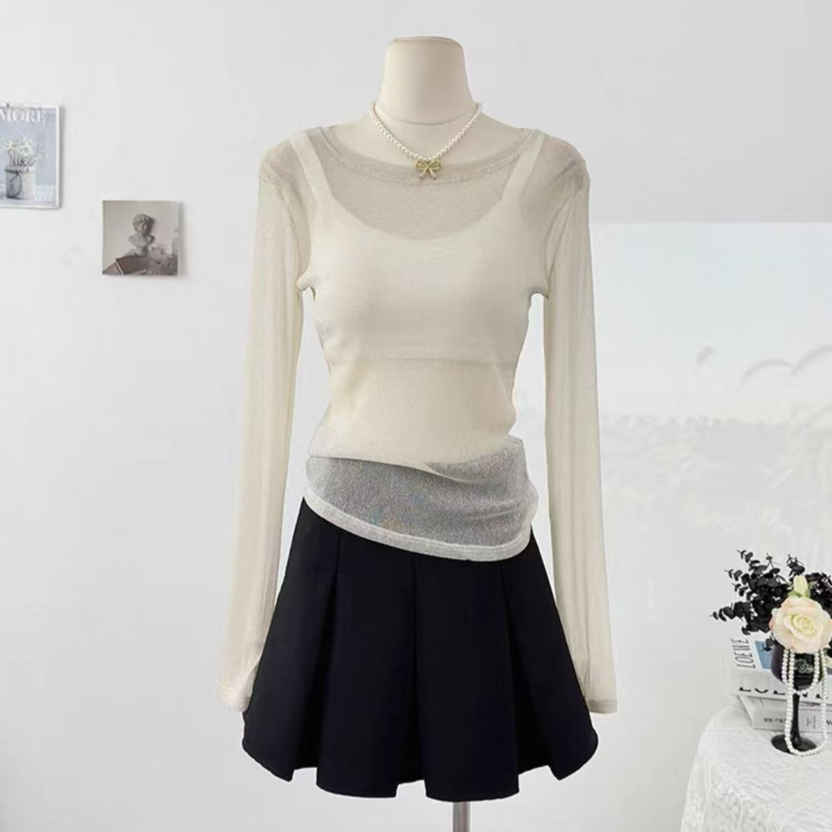 【晨浠定制】新款圆领镂空透视网纱长袖打底上衣550