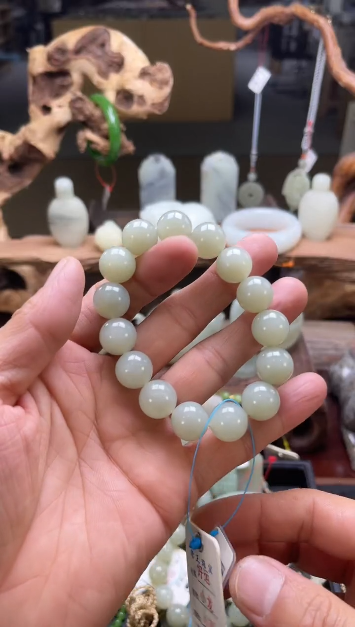 【闪购商品】和田玉手串未镶嵌且末青白卡14圆珠 9006095