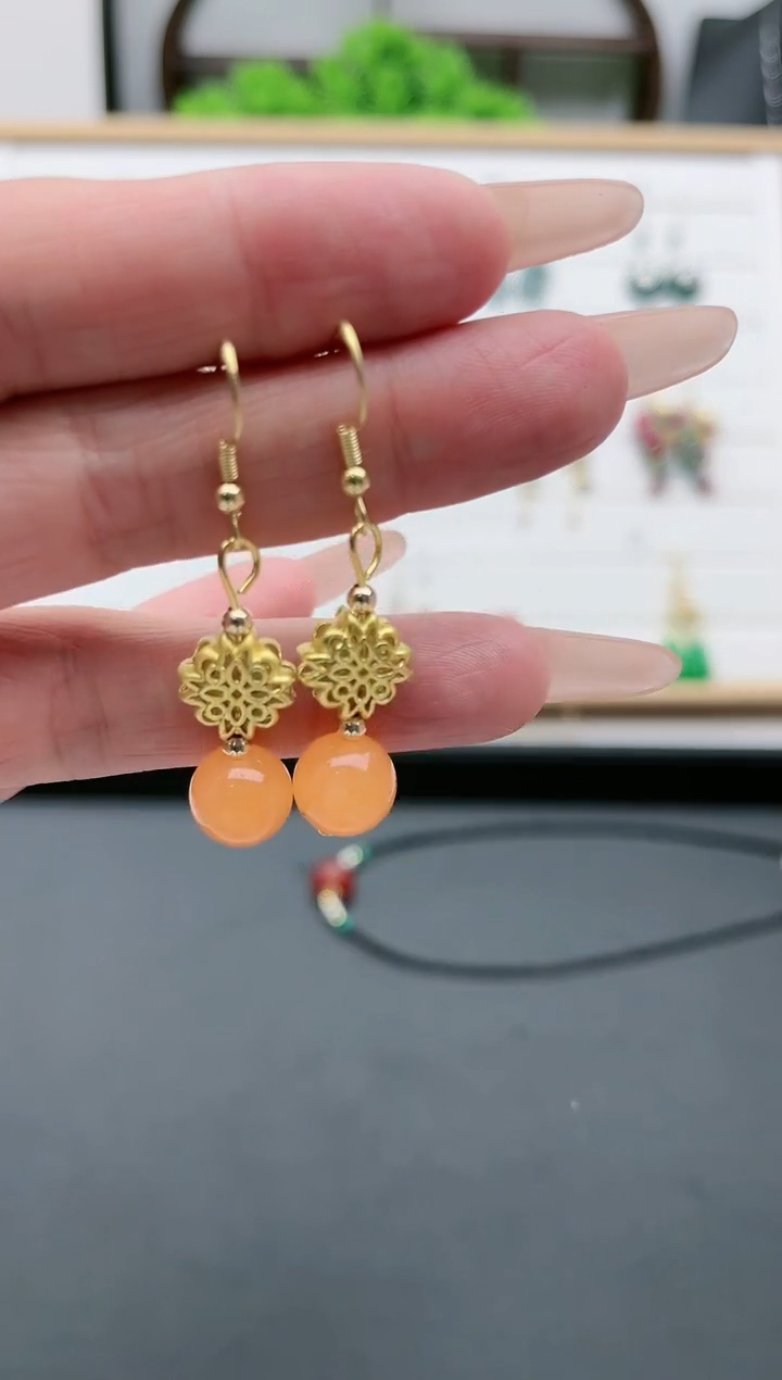 【闪购商品】玛瑙/玉髓耳饰银S925镀金镶嵌1109