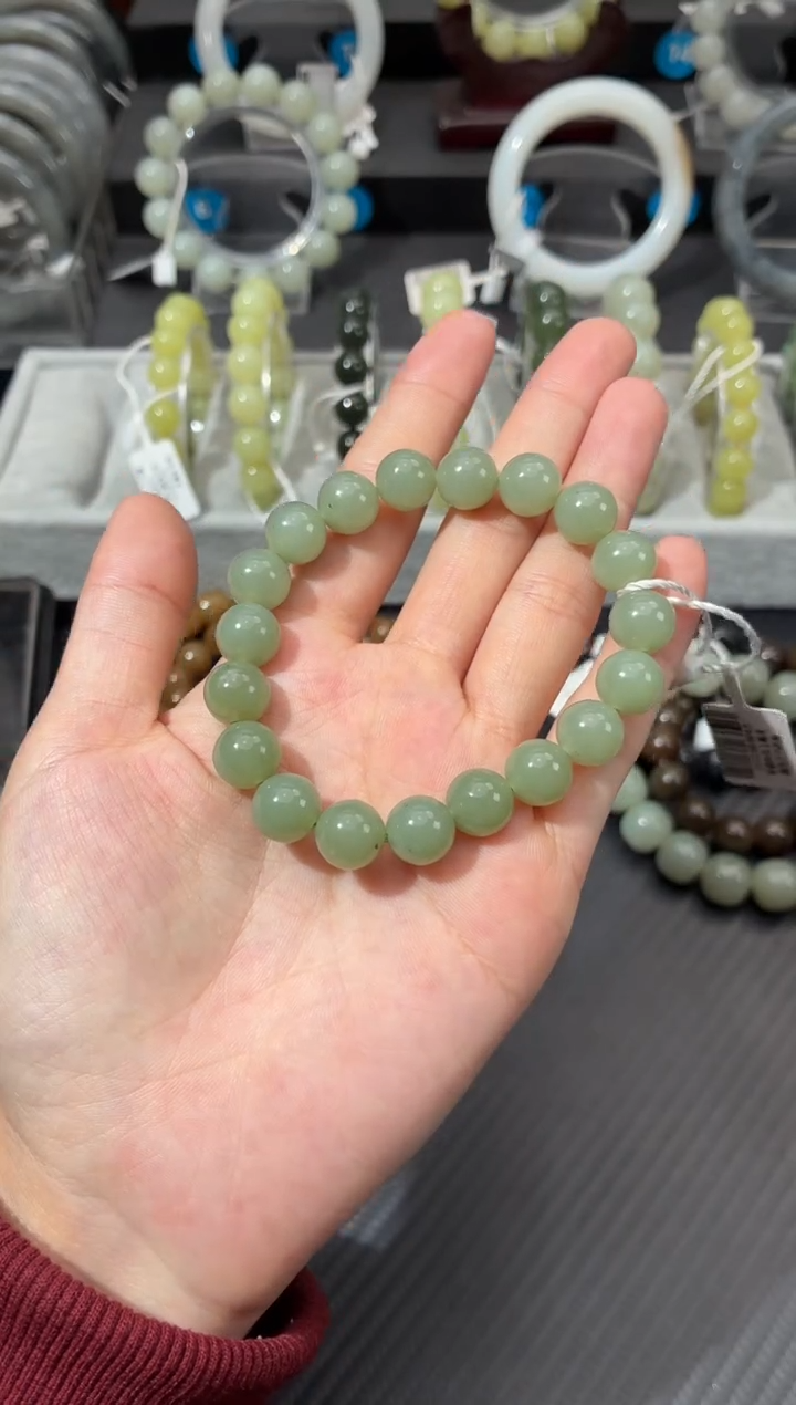 未镶嵌手串和田玉若羌青白微色差卡10圆珠手串