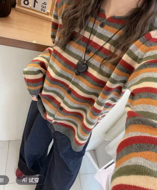 条纹纯色毛针织衫针织圆领毛衣洋气休闲RRA4