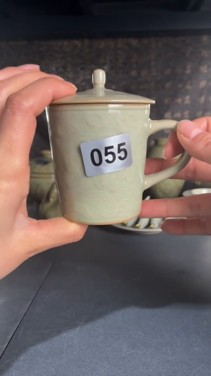 耀州窑仰山天青釉落花流水咖啡杯微瑕055