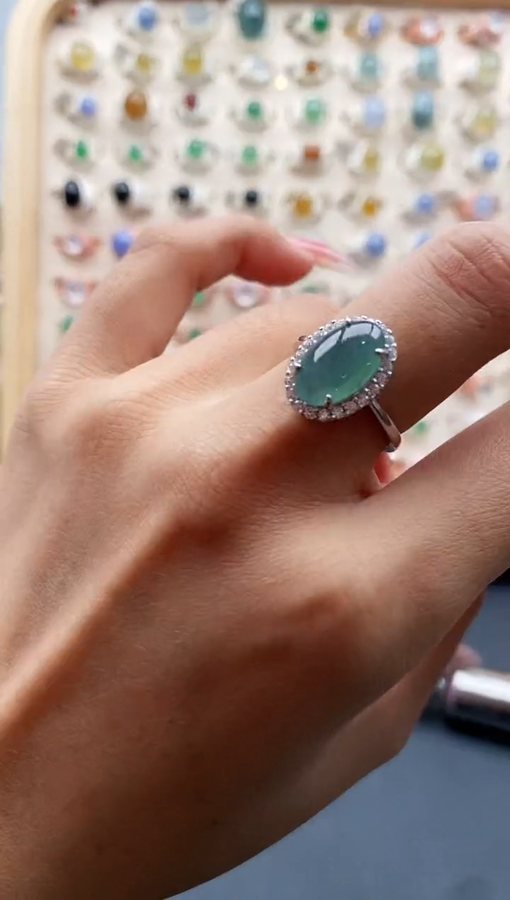 【闪购商品】翡翠戒指银S925镶嵌缅甸天然A货翡翠111 6+7