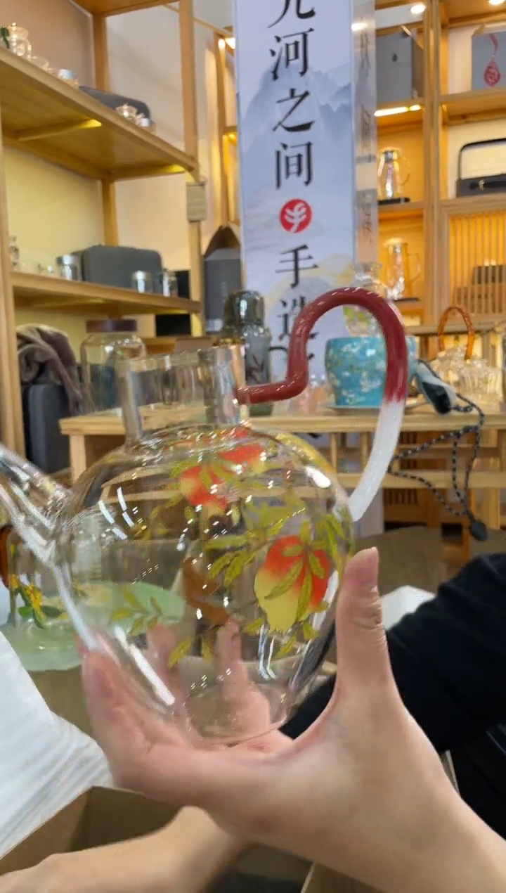 手工艺品玻璃执壶红白把手石榴花