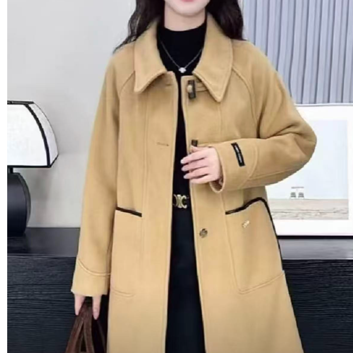8810女士新款时尚气质中长款牛角扣双              