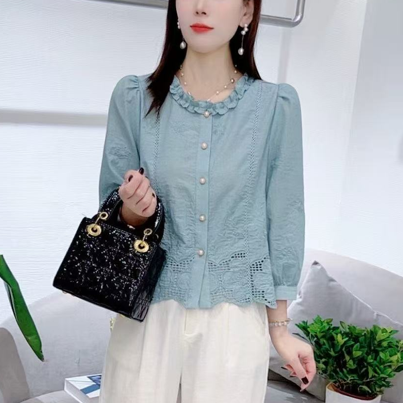 100%纯棉时尚衬衫早秋新款显瘦设计感小众七分袖上衣百搭衬衣女