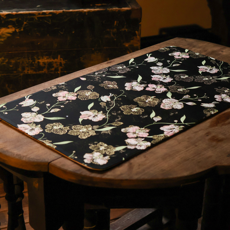 【老王】<粉绒花>双面圆角织锦茶席28*13（慢蓝S0916）