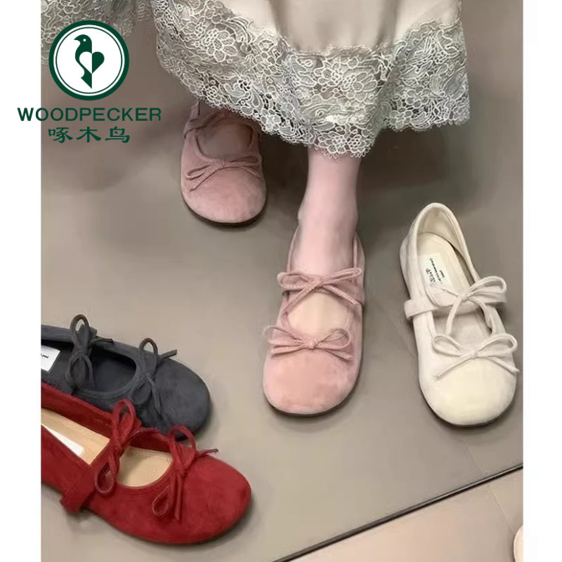 啄木鸟晚晚风平底法式芭蕾鞋女2025春季新款蝴蝶结玛丽珍单鞋配裙