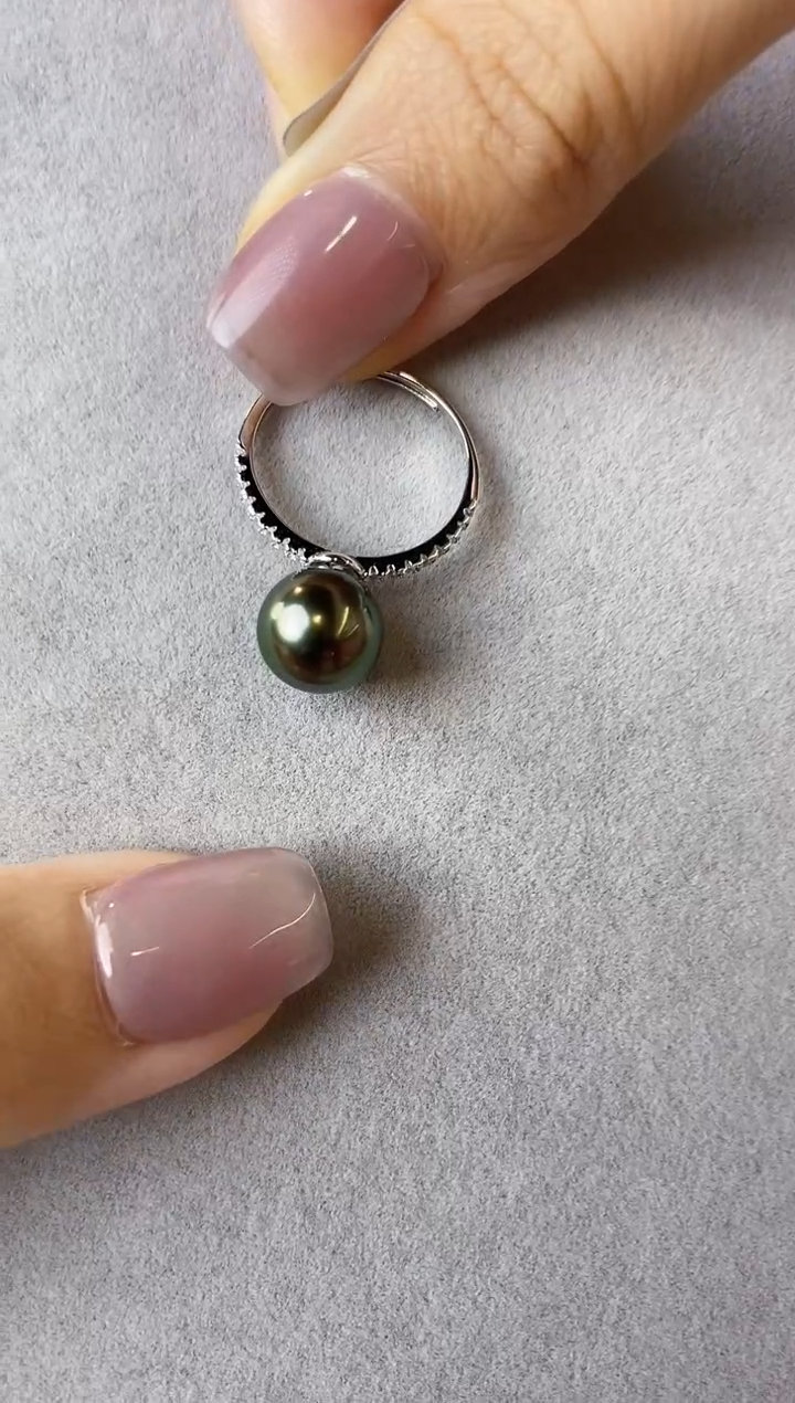 【闪购商品】海水珍珠戒指银S925镶嵌9-10大溪地黑珍珠戒指