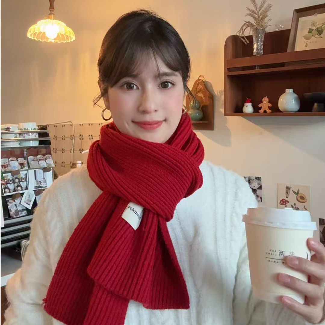 ins纯色日系男友风条纹围巾森系长款秋冬季学院风