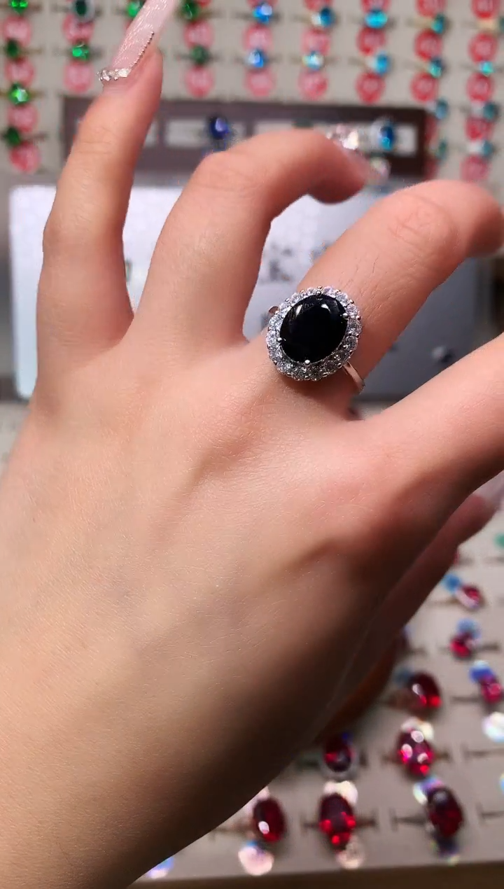 无925银典藏 轻奢 山东黑美人黑色系9*11戴妃银托戒指