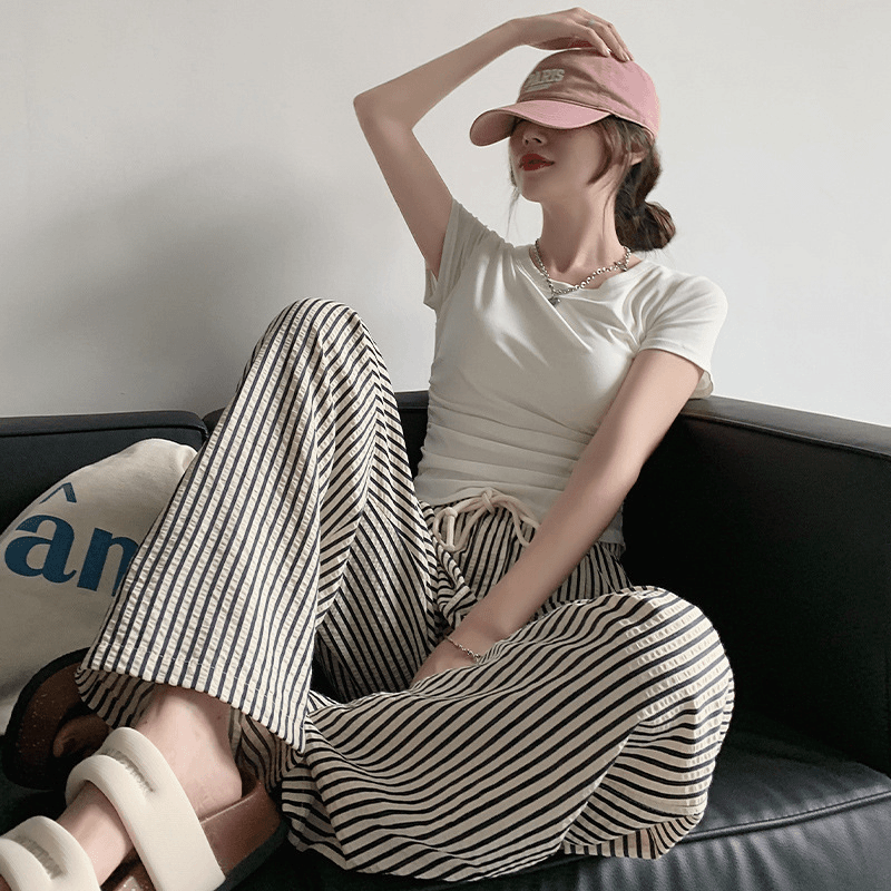 阔腿条纹裤女爆款2025新款高腰休闲慵懒风遛弯裤宽松感拖地直筒裤