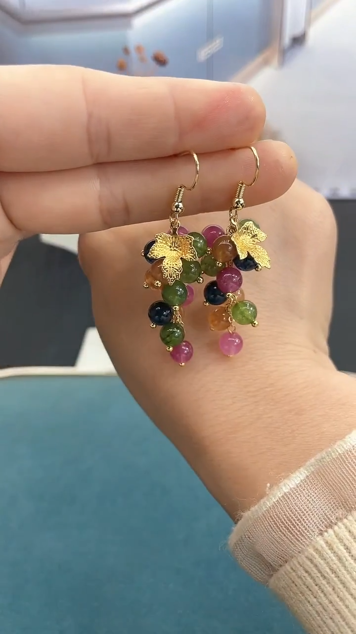 银S925镶嵌耳饰碧玺6mm葡萄*碧玺